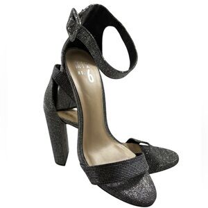 Mix No. 6 Elegant Black Shimmering Open Toe Block Heels| Size 7.5